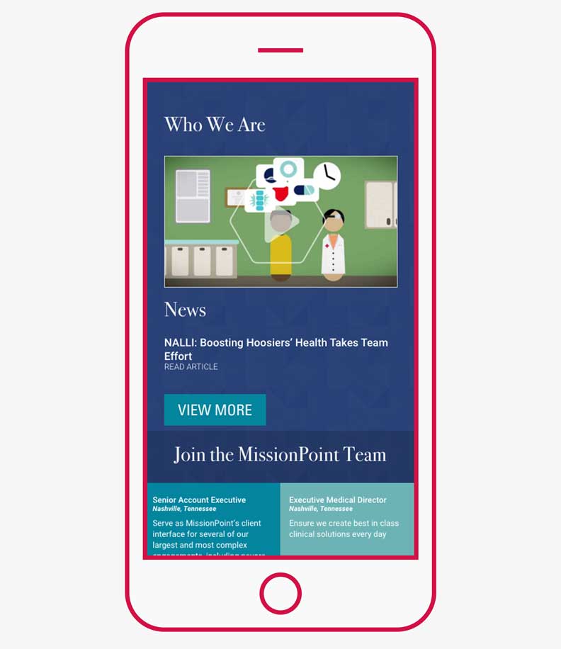 Responsive Who We Are section website design featured on mobile device for MissionPoint Health Partners in Nashville, Tennessee