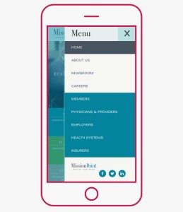 Mobile navigation side slide out menu design for MissionPoint Health Partners in Nashville, Tennessee