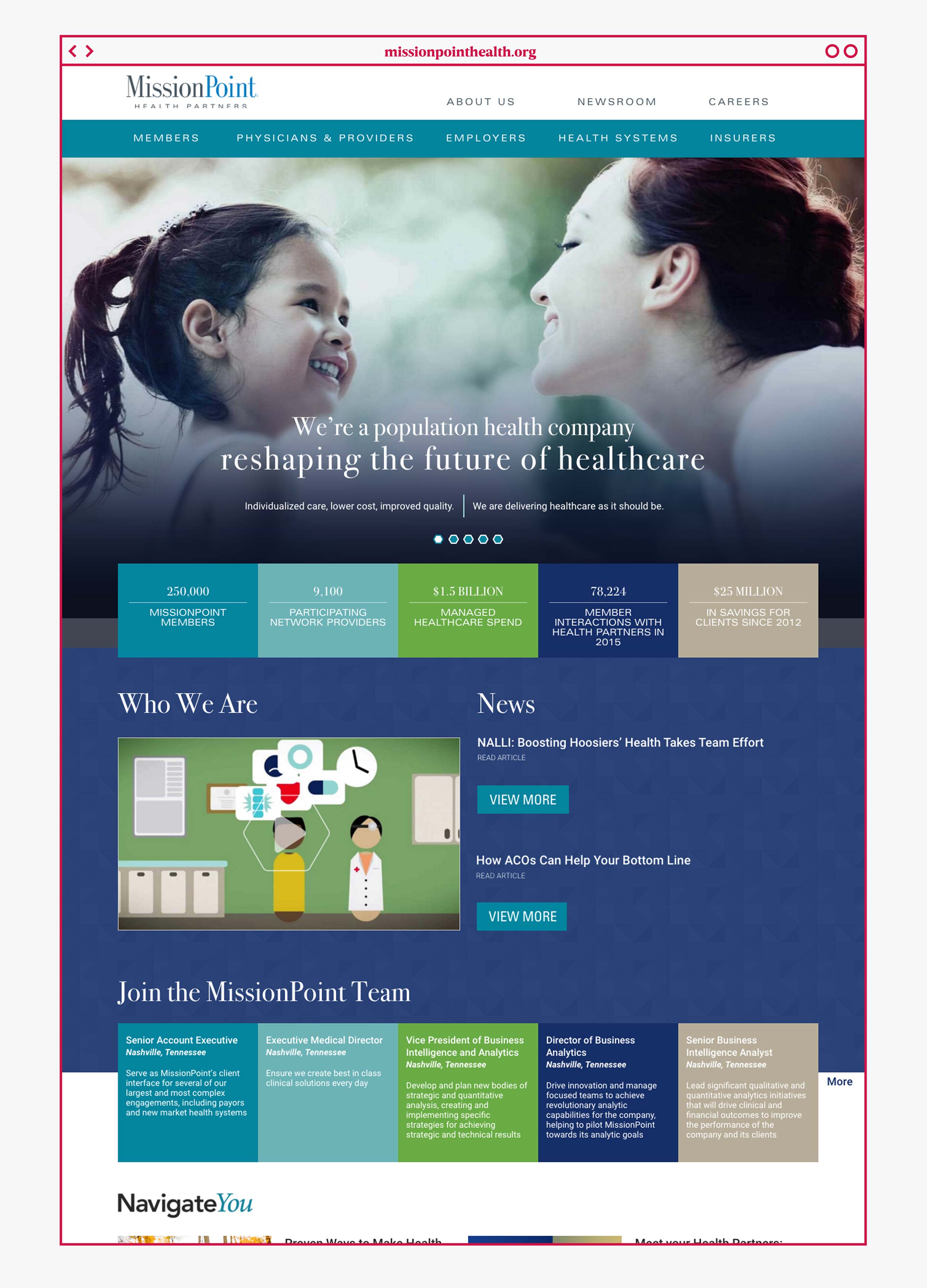 Homepage hero design featuring navigation menu for MissionPoint Health Partners in Nashville, Tennessee