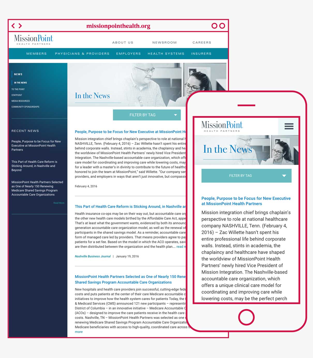 In The News page responsive website design for MissionPoint Health Partners in Nashville, Tennessee