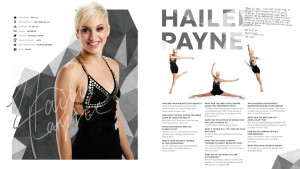Dancer Hailey spread with signature and geometric graphic elements publication design in the 2015 tour book for Season 12 of So You Think You Can Dance TV program which aired on Fox