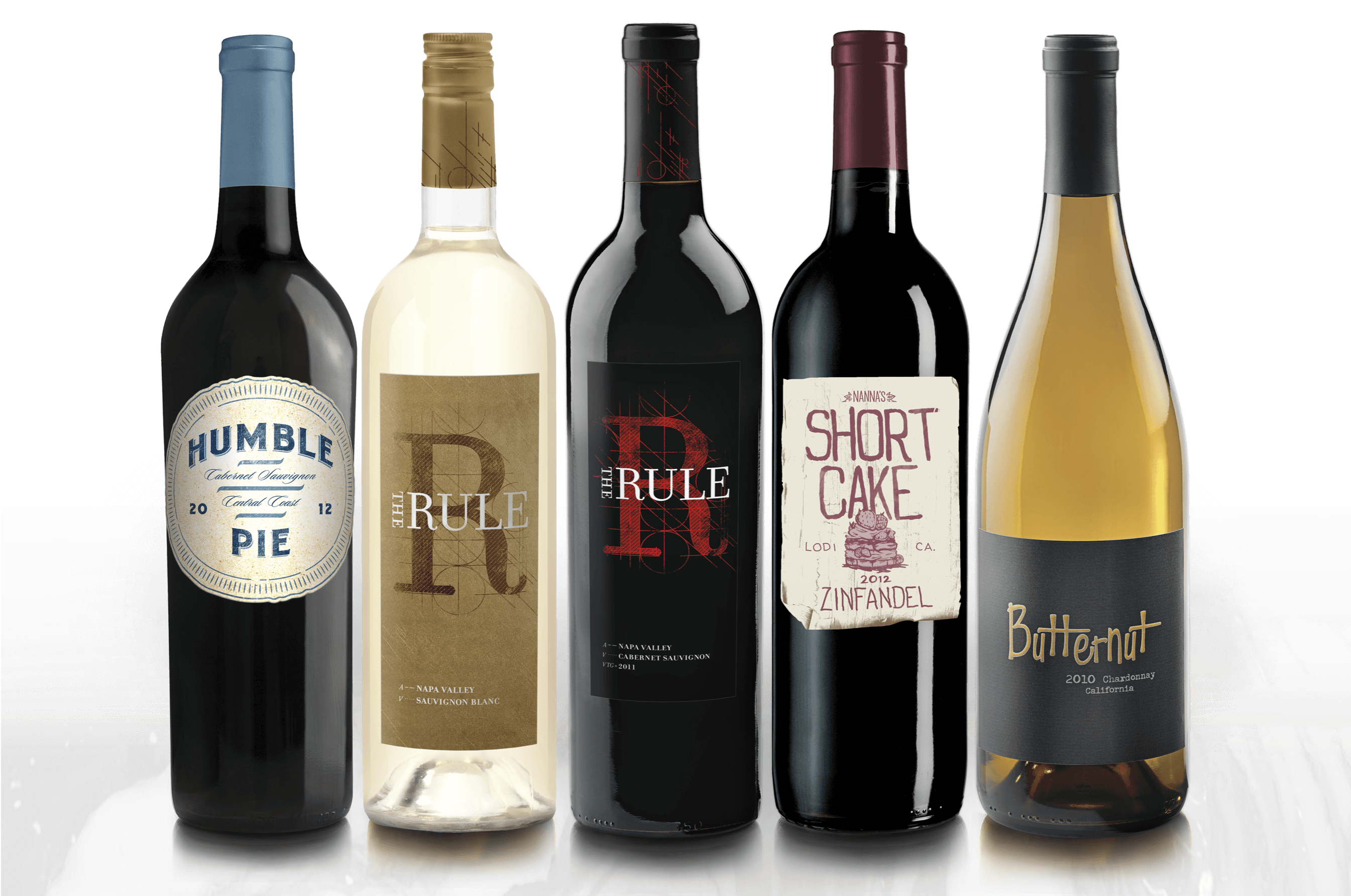 Wine Bottle images of Humble Pie, The Rule savignon blanc and cab sauv, Short Cake Zinfandel, Butternut Chardonnay wines for BNA Wine Group, Napa, California
