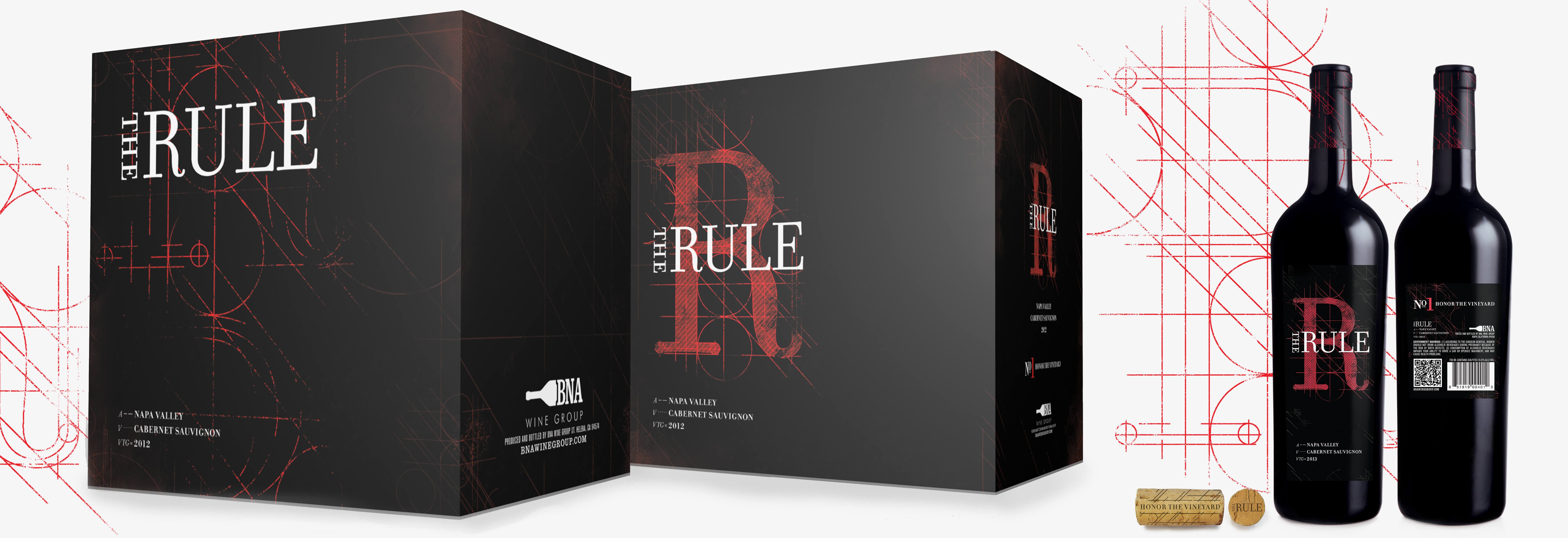 Box and bottle packaging design for The Rule cab sav, BNA Wine Group, Napa, California