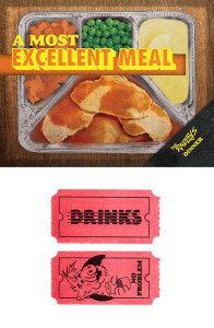 Design of meal cover and drink tickets featuring 80s tv dinner imagery and alf catch phrase holding a Tab for Nashville Addy Awards Raddys