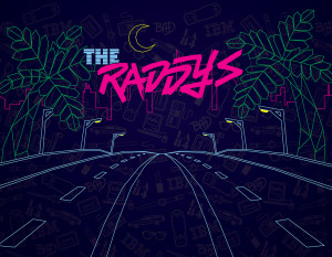 Photo backdrop for Raddys featuring illustration and video game linework with logo as part of Nashville Addy Awards