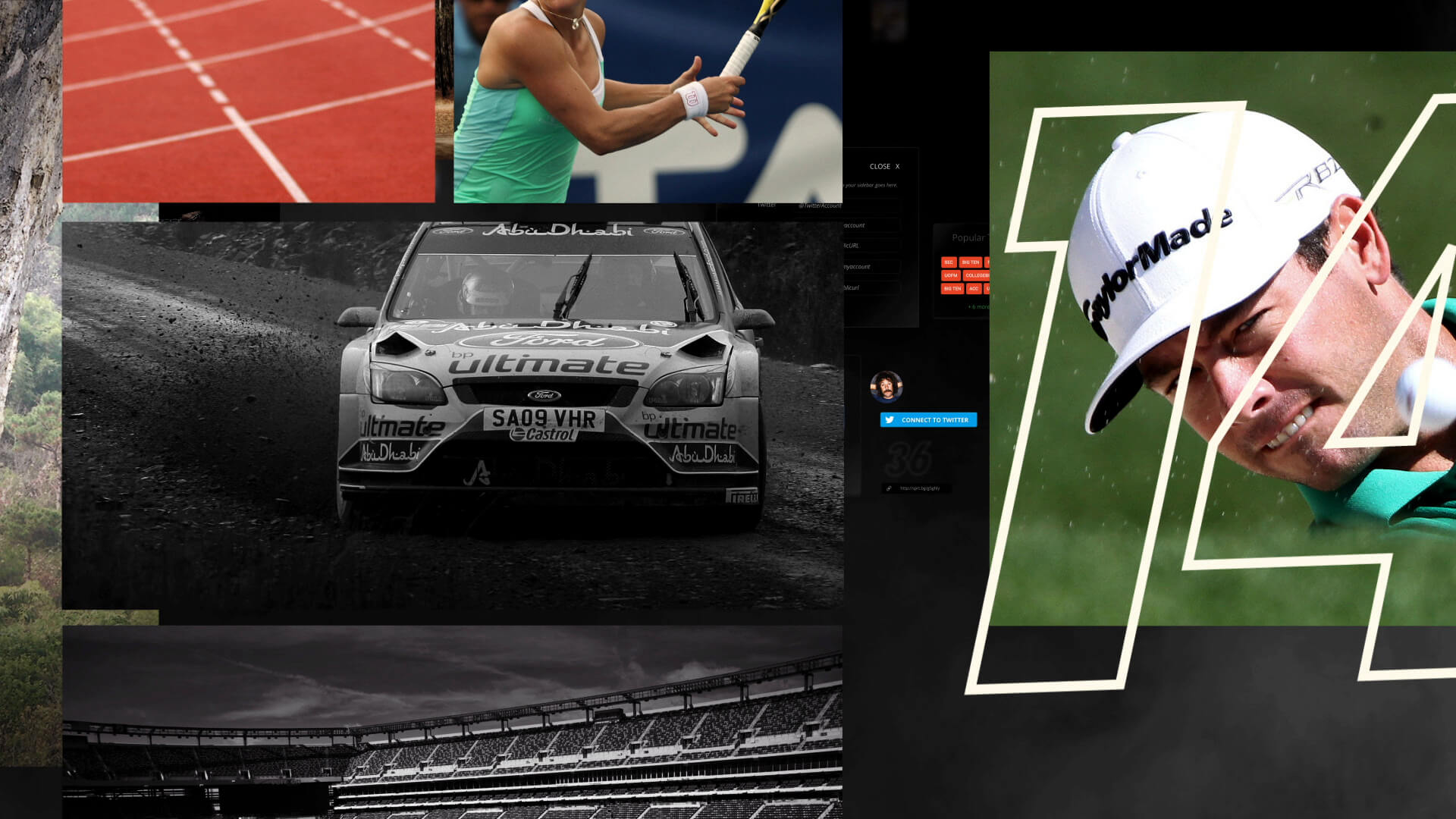 Action sports photo detail from Nashville, TN based Sportsblog web promo video designed and animated by Nashville's ST8MNT employing a stock photo world on smoky black of mountain climbers, track & field runners, tennis players, race car drivers, golfers and football stadiums