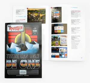Cover and spread design for Nashville Addy Awards winners book Raddys theme featuring 80s movie and typography inspired graphics