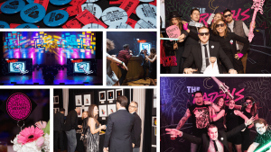 Collection of photos including buttons, drink tickets, photo backdrop illustration, presentation screens, table toppers for seating identification system and entries artwork taken at the 51st Nashville Addy Awards in Tennessee