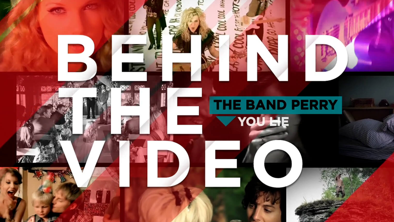 Title Card from Knoxville, TN based Great American Country's Behind the Video The Band Perry designed and animated by Nashville's ST8MNT employing angled masks, Taylor Swift, Steel Magnolia and a brady bunch filmstrip 3x3 lockup