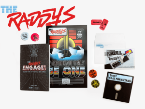 Print collateral and event logo for The Raddys including buttons, event program, winners' book, call for entries folded poster, drink tickets, invitation for the 51st Nashville Addy Awards in Tennessee