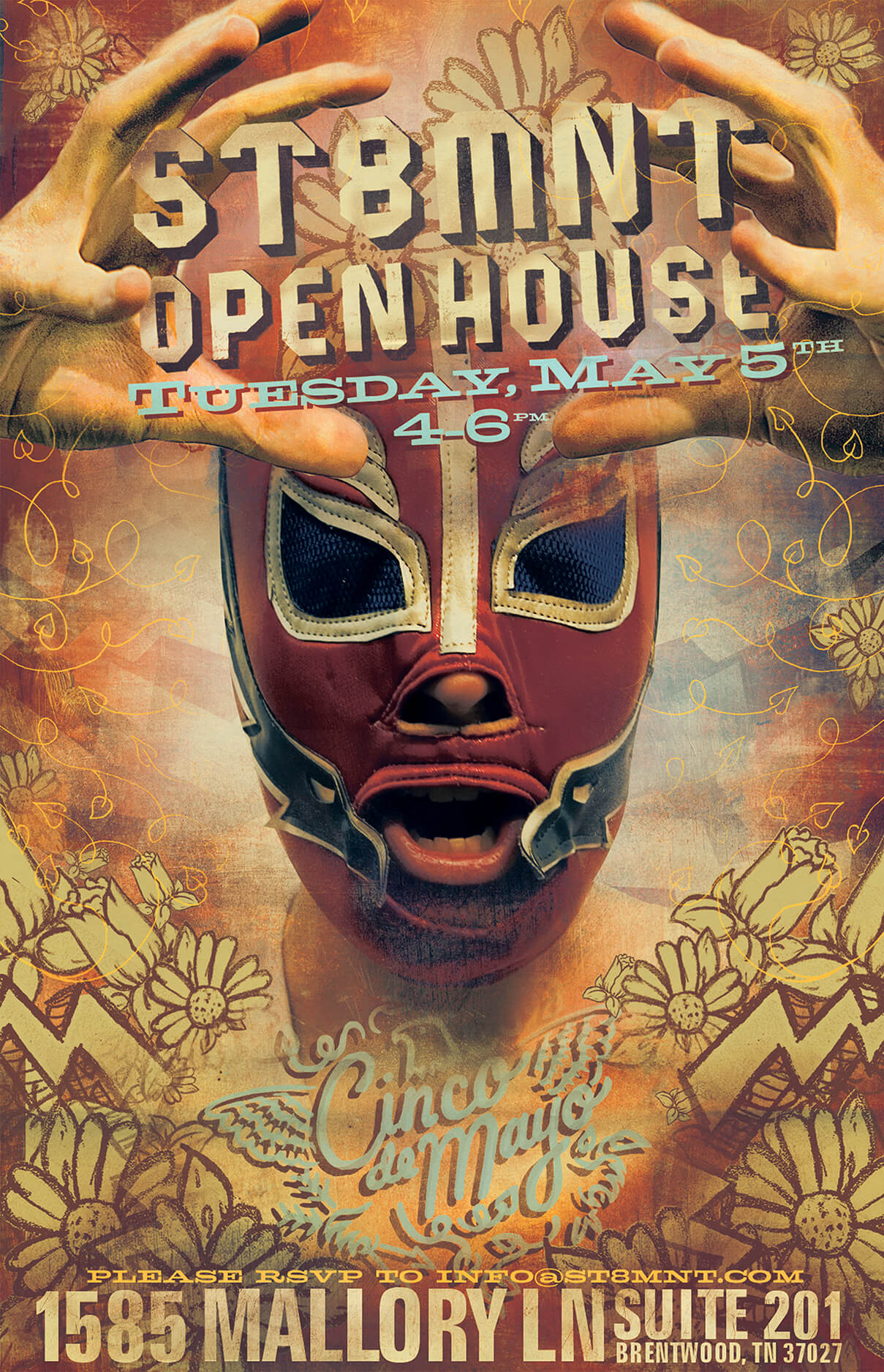 Open house poster featuring luchador for ST8MNT brand agency