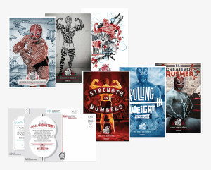 Postcards as part of ST8MNT Creative Muscle marketing campaign featuring luchadors