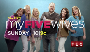 Title Card end tag from Silver Springs, MD based TLC's TV Show My Five Wives designed by Nashville's ST8MNT employing live action photography of a polygamist husband and his five wives with show title typesetting light bold contrast berry and canary yellow with depth of field