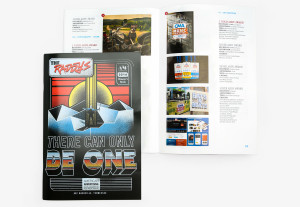 Cover and spread design for Nashville Addy Awards winners book Raddys theme featuring 80s movie and typography inspired graphics