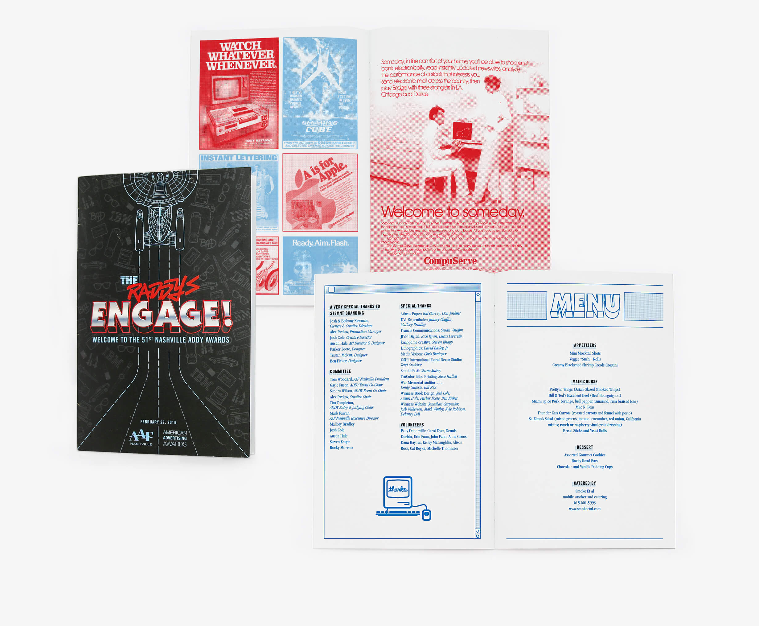 Event program publication design including illustration of branded 80s elements and typography for the 51st Nashville Addy Awards in Tennessee