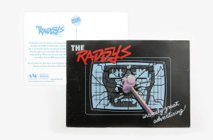 Raddys theme postcard design for Nashville Addy Awards featuring 80s advertising inspired visuals