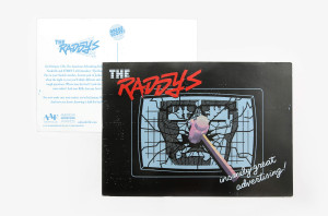 Raddys theme postcard design for Nashville Addy Awards featuring 80s advertising inspired visuals
