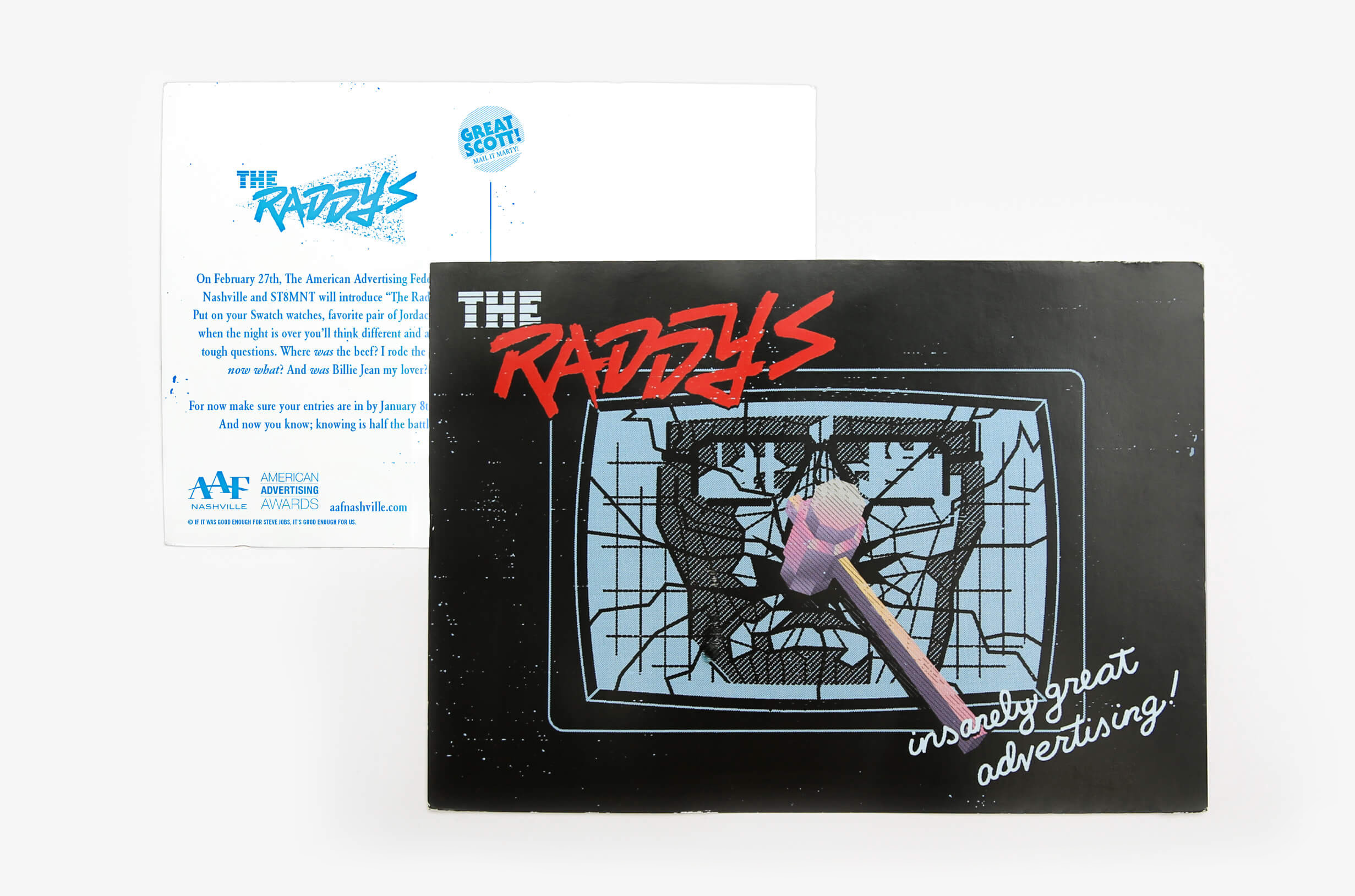 Event theme branded postcard for The Raddys including 80s advertising design elements for the 51st Nashville Addy Awards in Tennessee