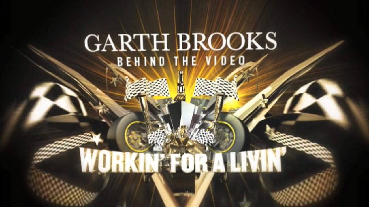 Still frame of symmetrical racing elements for Garth Brook's Workin' for a Living for Great American Country's Behind the Video Series featuring tires, race flags and car details, all in a symmetrical composition