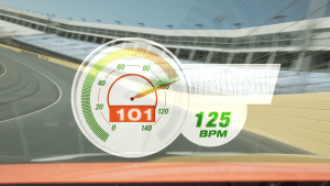 Speedometer with race track still frame from Scottsdale, AZ based Go Daddy's The Big Leap Super Bowl ad campaign produced by Nashville based Anthem Pictures and animated by Nashville's ST8MNT employing a custom speedometer and ekg