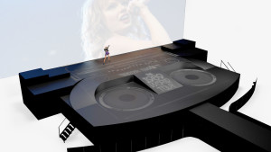 Angled rendering of 1989 World Tour stage and scrims design featuring neon typography and boombox elements for Taylor Swift