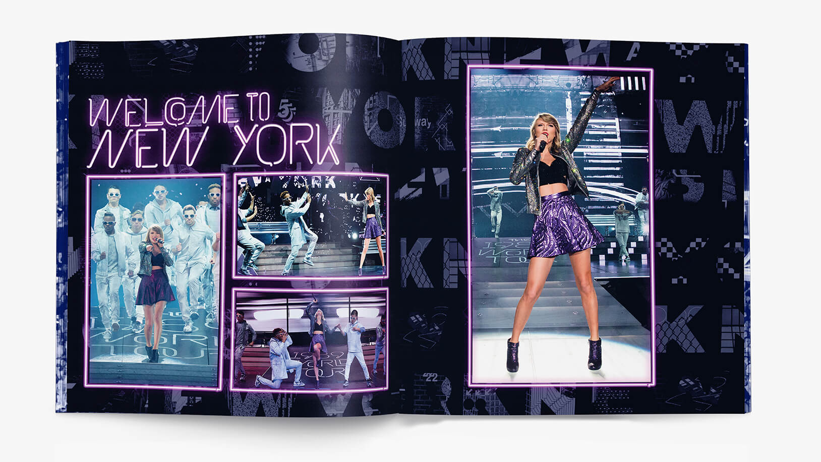 Publication spread design of Welcome To New York featuring tour images and neon typography in The 1989 World Tour Book for Taylor Swift