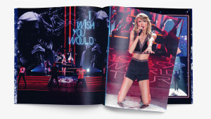 Publication spread design of I Wish You Would featuring tour images and neon typography in The 1989 World Tour Book for Taylor Swift