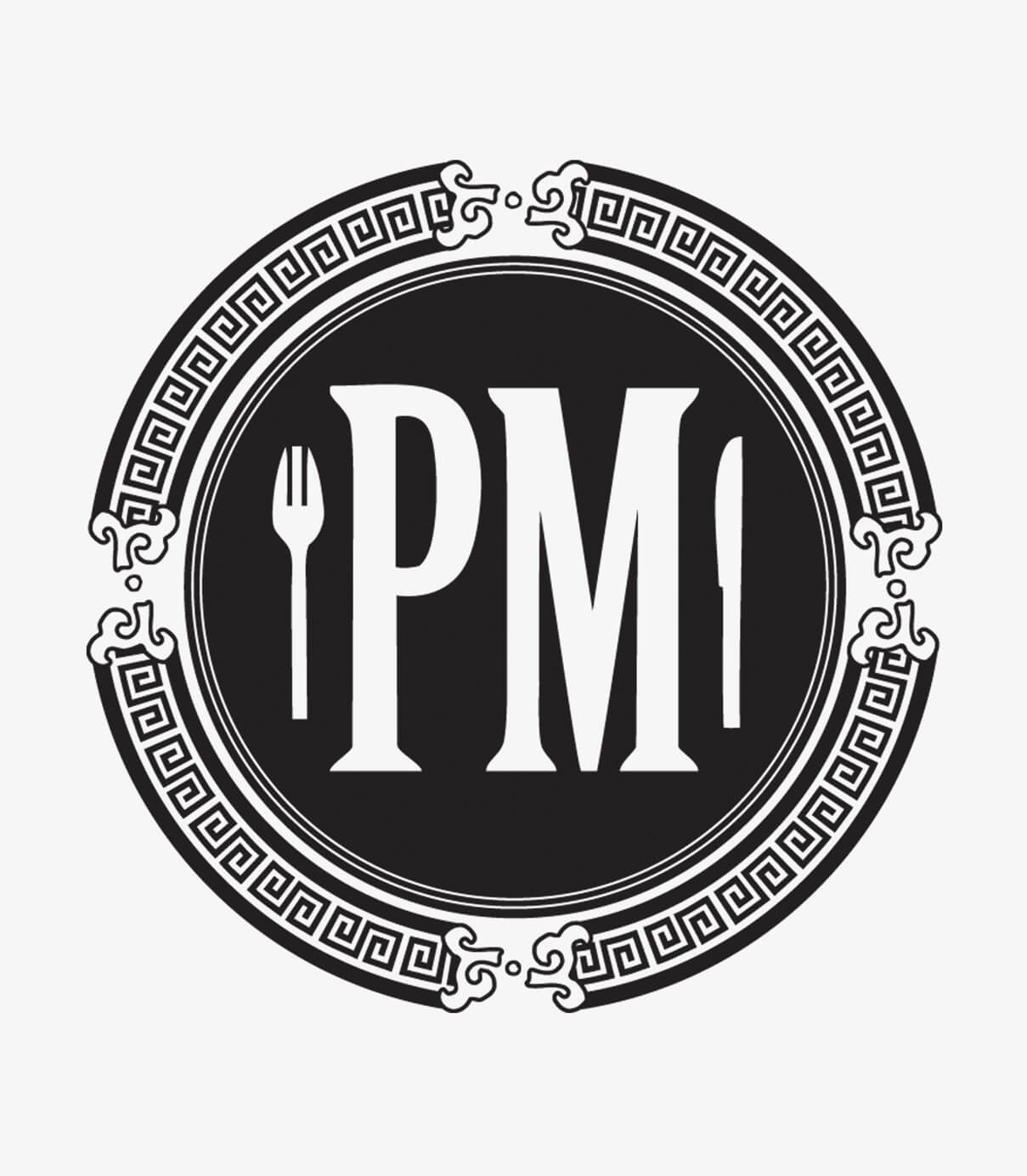 Black and white logo design with PM with fork and knife for PM Restaurant in Nashville, Tennessee