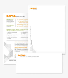 Branded corporate stationery for Randa Solutions featuring envelope letterhead and one sheet