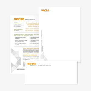 Branded corporate stationery for Randa Solutions featuring envelope letterhead and one sheet