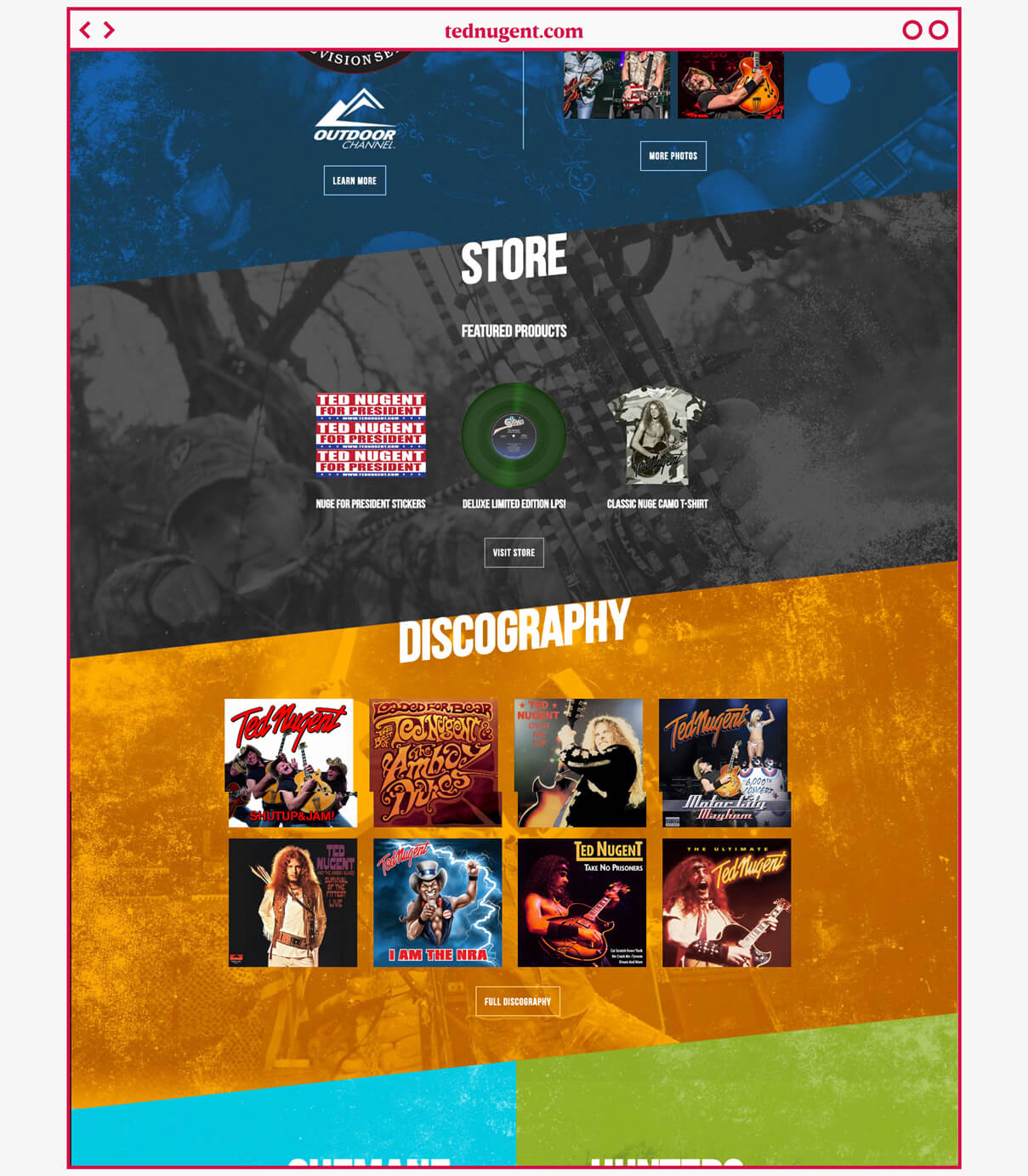 Store and Discography sections website design for tednugent.com website for Ted Nugent