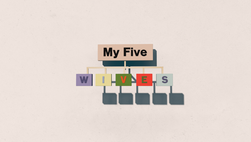 My Five Wives Title Card from Silver Springs, MD based TLC's TV Show My Five Wives designed by Nashville's ST8MNT employing a wooden sun environment family tree hierarchy with a muted, sophisticated serious color palette of lavender, light yellow, fern green, fluorescent red and ice blue