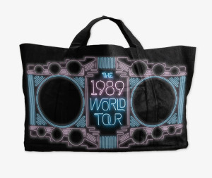 Taylor Swift merchandise bag neon speakers illustration and typographic design for The 1989 World Tour