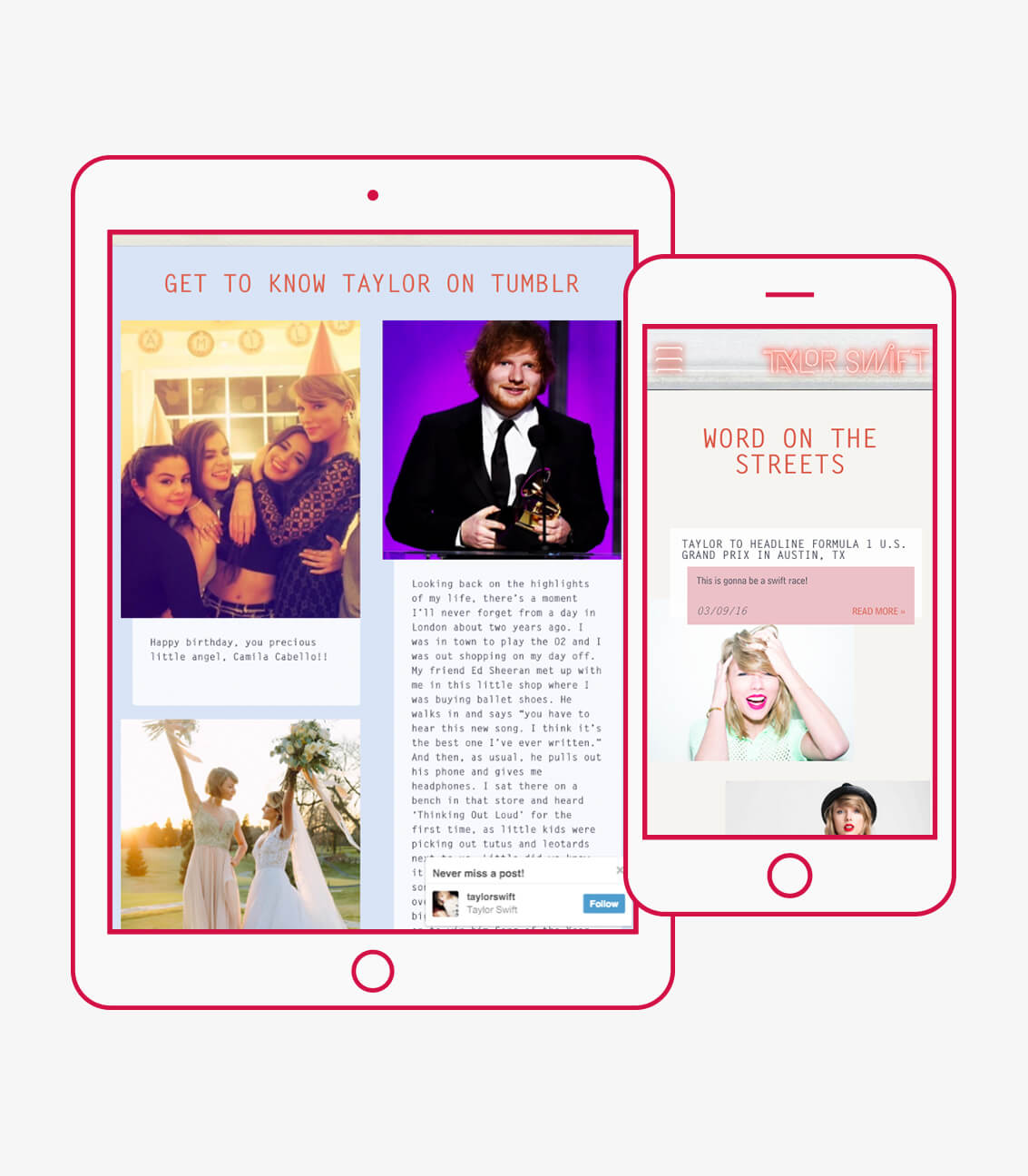 Responsive news webpage design for taylorswift.com with branding elements for Taylor Swift and her 1989 album
