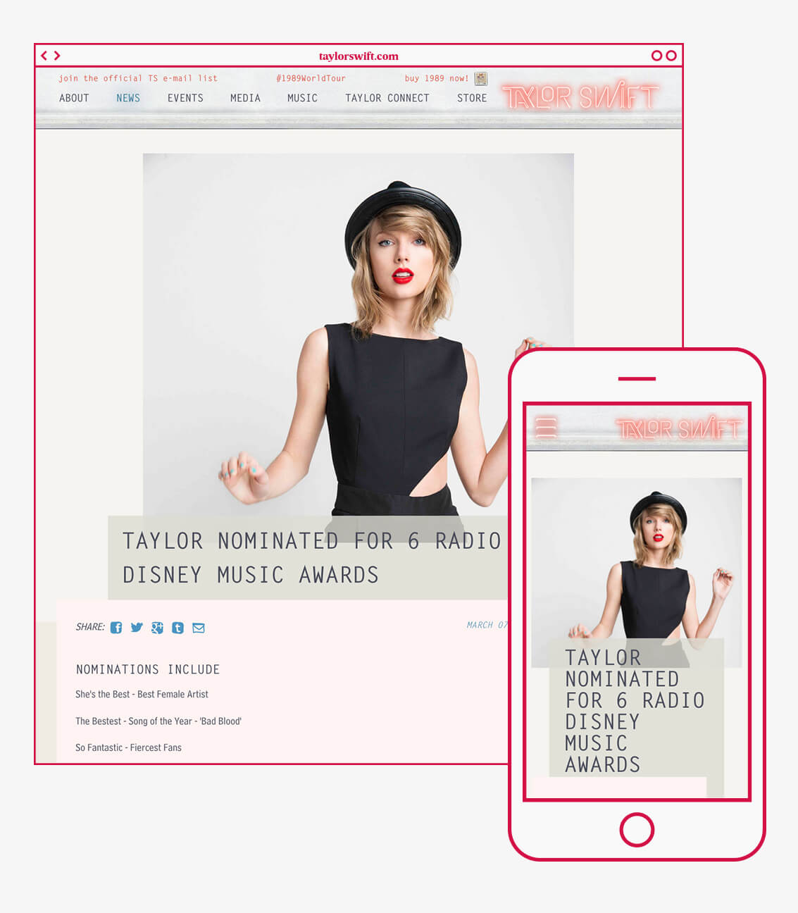 Responsive news article page website design for taylorswift.com with branding elements for Taylor Swift and her 1989 album