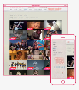 Responsive video page design with navigation menu featured on mobile device for taylorswift.com with branding elements for Taylor Swift and her 1989 album