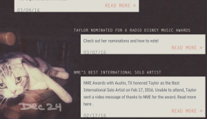 Detail image from TaylorSwift.com featuring Taylor Swift news articles with 1989 branding