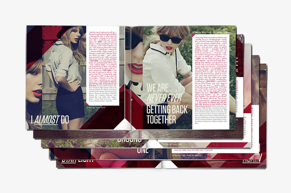 Red album inside page image designs for Taylor Swift in Nashville, Tennessee