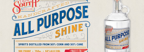 Label design and bottle packaging featuring lettering and illustration for All Purpose Shine liquor for Tenn South Distillery in Lynnville, Tennessee
