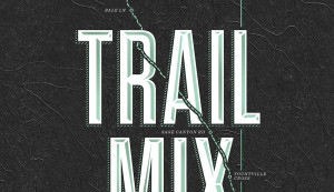 Detail image of typography and illustration including map and logo on packaging label for Trail Mix Wine Napa Valley, California