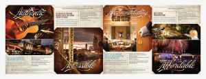 Brochure inside spread design featuring treated photos and typography for Nashville Convention and Visitors Bureau