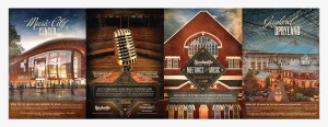 Brochure outside spread design featuring treated photos and typography for Nashville Convention and Visitors Bureau