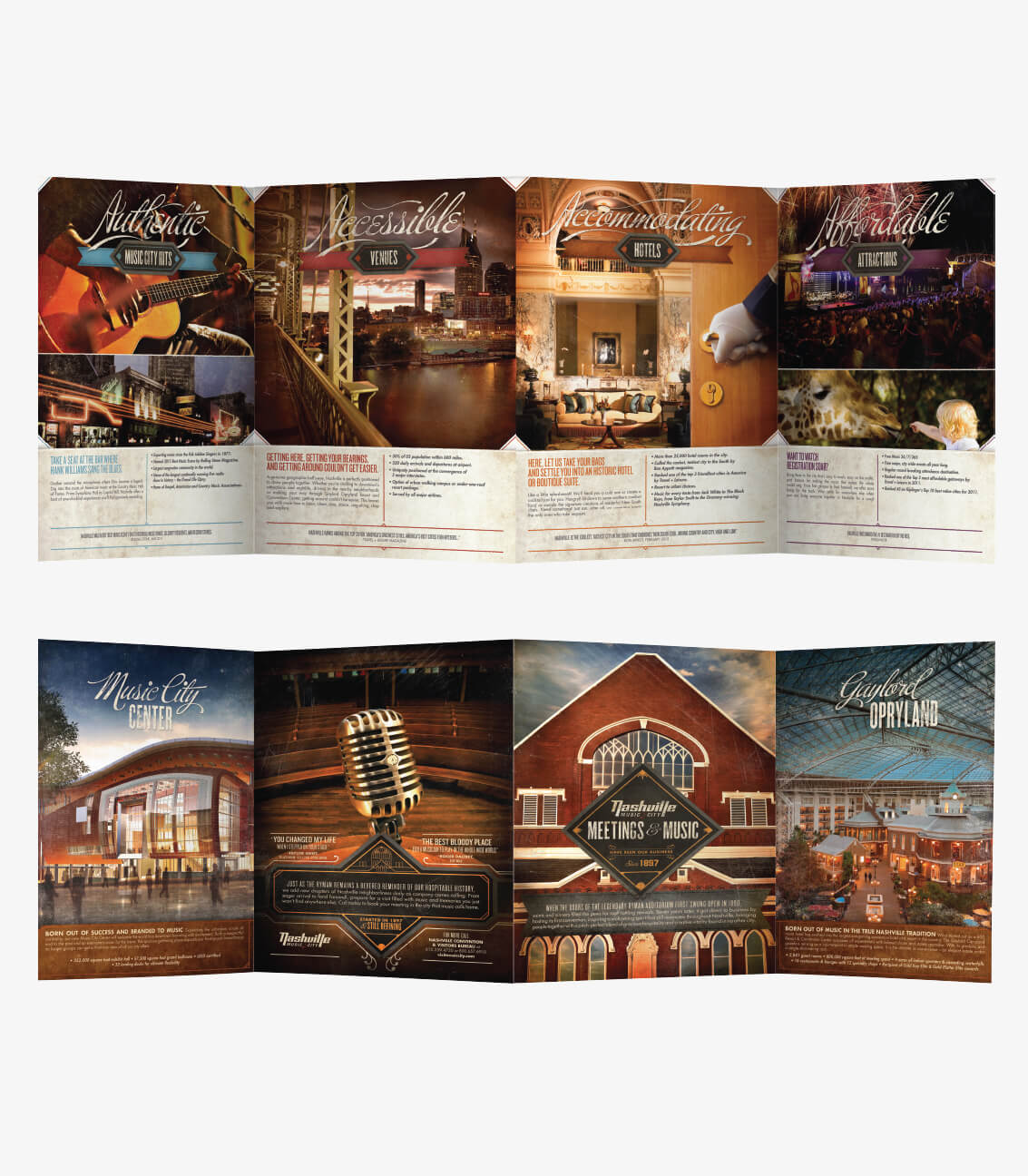 Brochure inside and outside panel mock up for Nashville Conventions and Visitors Bureau in Nashville, Tennessee