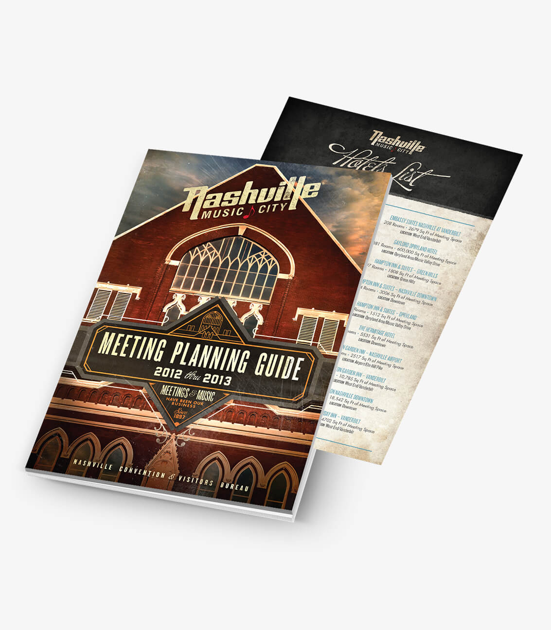Magazine hotel list insert design mock up for Nashville Conventions and Visitors Bureau in Nashville, Tennessee