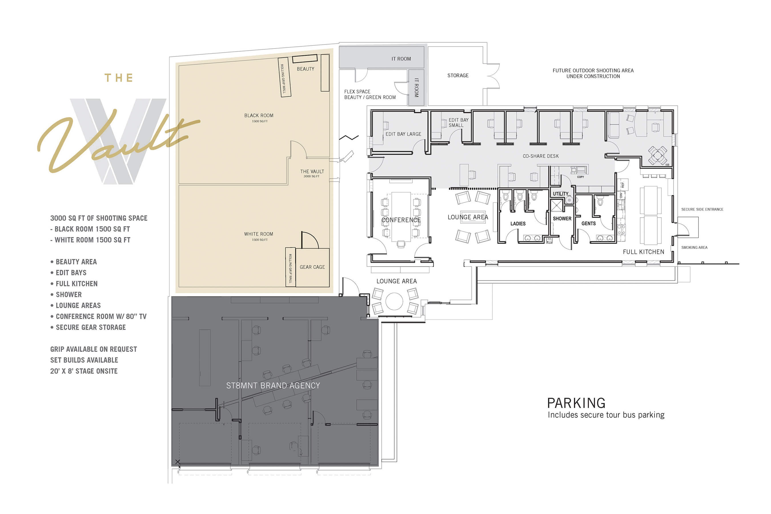 Floor Plan image of The Vault Nashville at St8mnt. The 3000 sq ft all purpose shoot facility consists of beauty area, edit bays, full kitchen, shower, lounge areas and conference room.