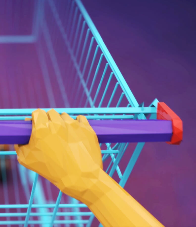 Still detail of geodescent hand pushing shopping cart from Nashville based Outnumber Hunger 2016 TV Spot animated by Nashville's ST8MNT employing yellow orange, aqua, red and purple colors with a low poly and depth of field effect.