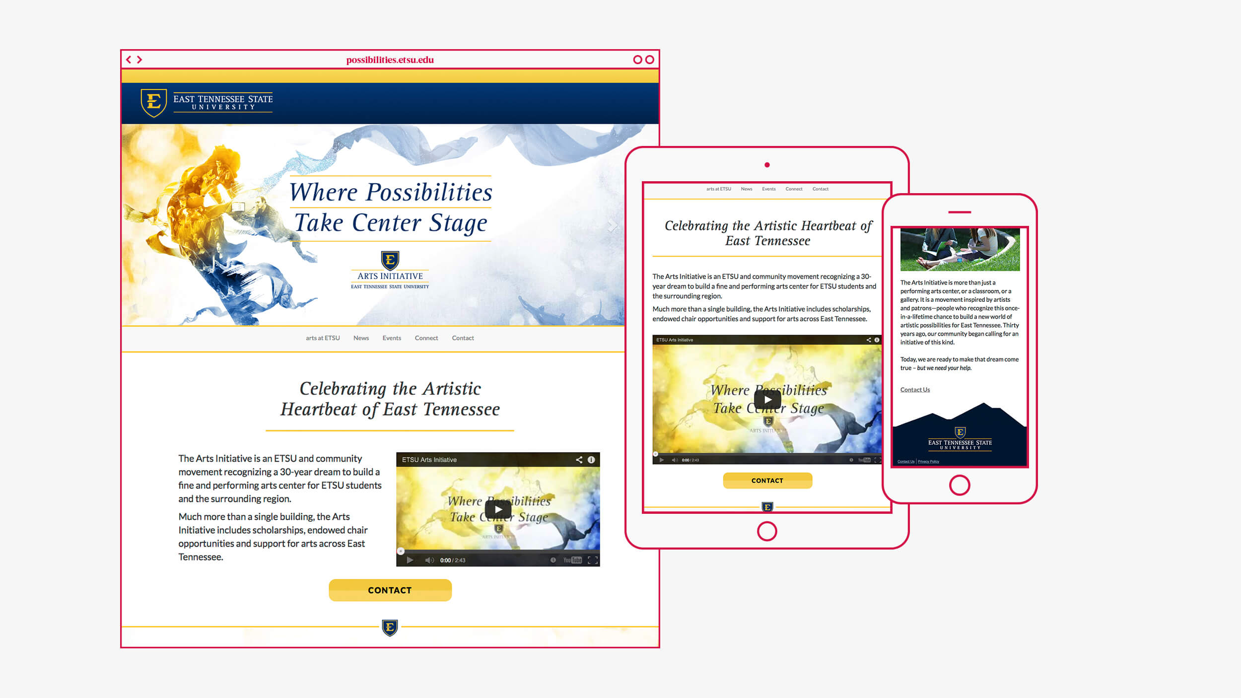 Webpage responsive design for East Tennessee State University Arts Initiative possibilities.etsu.edu