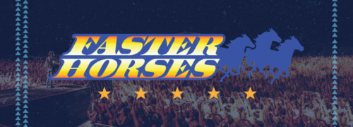 Faster Horses logo type on blue color treated crowd photo from Faster Horses Festival in Brooklyn, Michigan