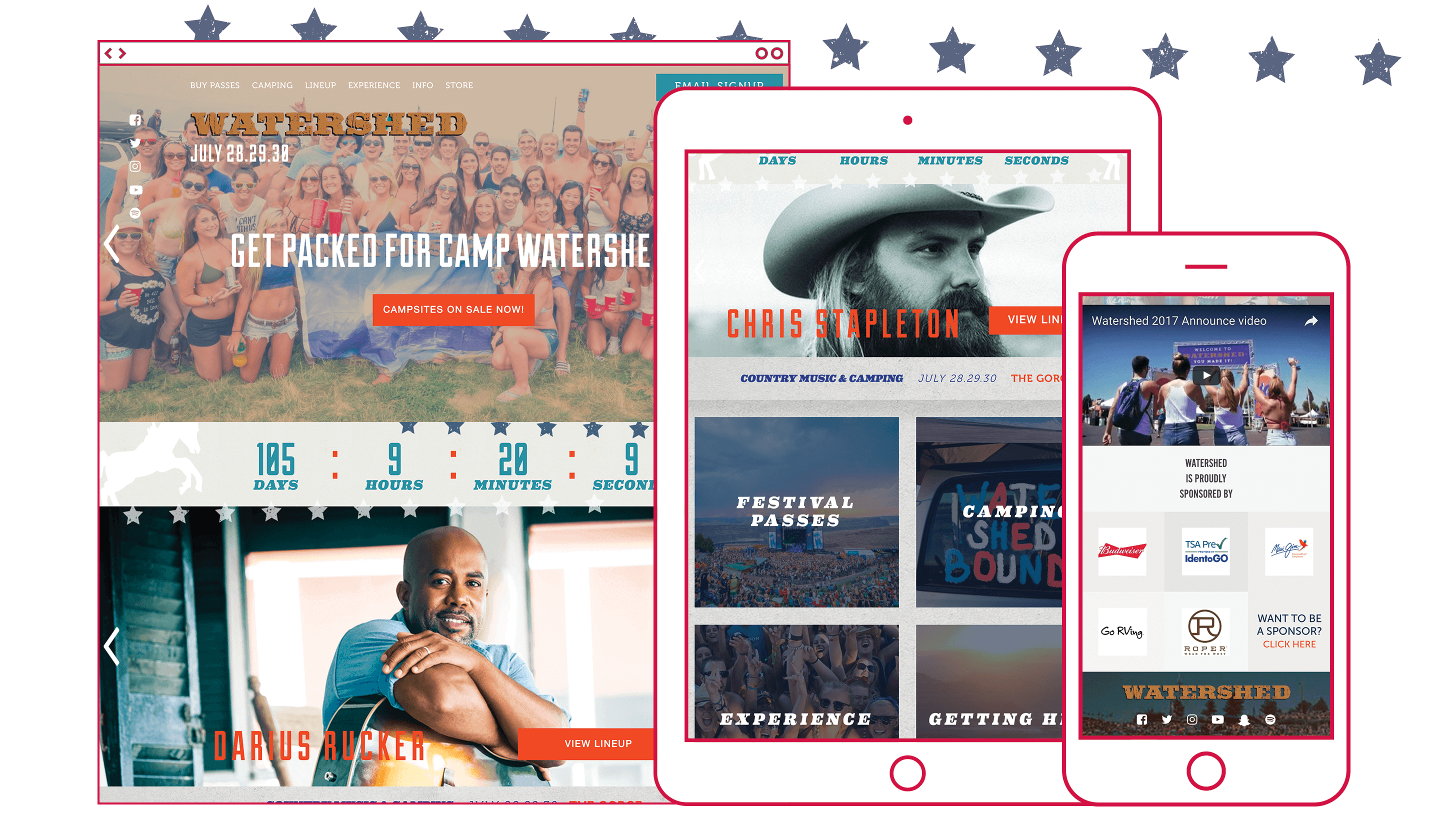 Responsive home page design with branding elements for Watershed Music Festival in George, Washington