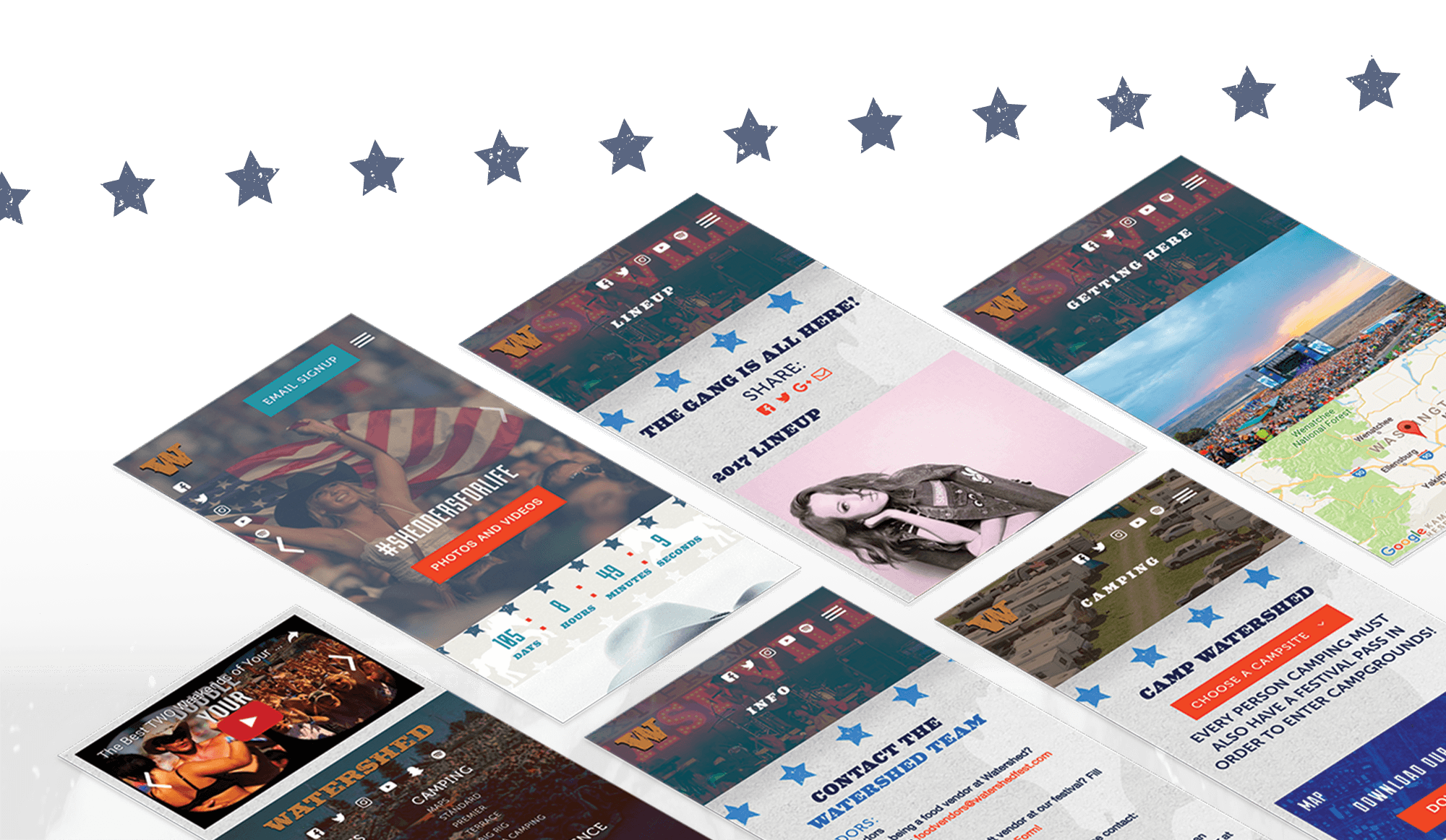 Angled mobile website design screens for Live Nation Watershed Festival in George, Washington